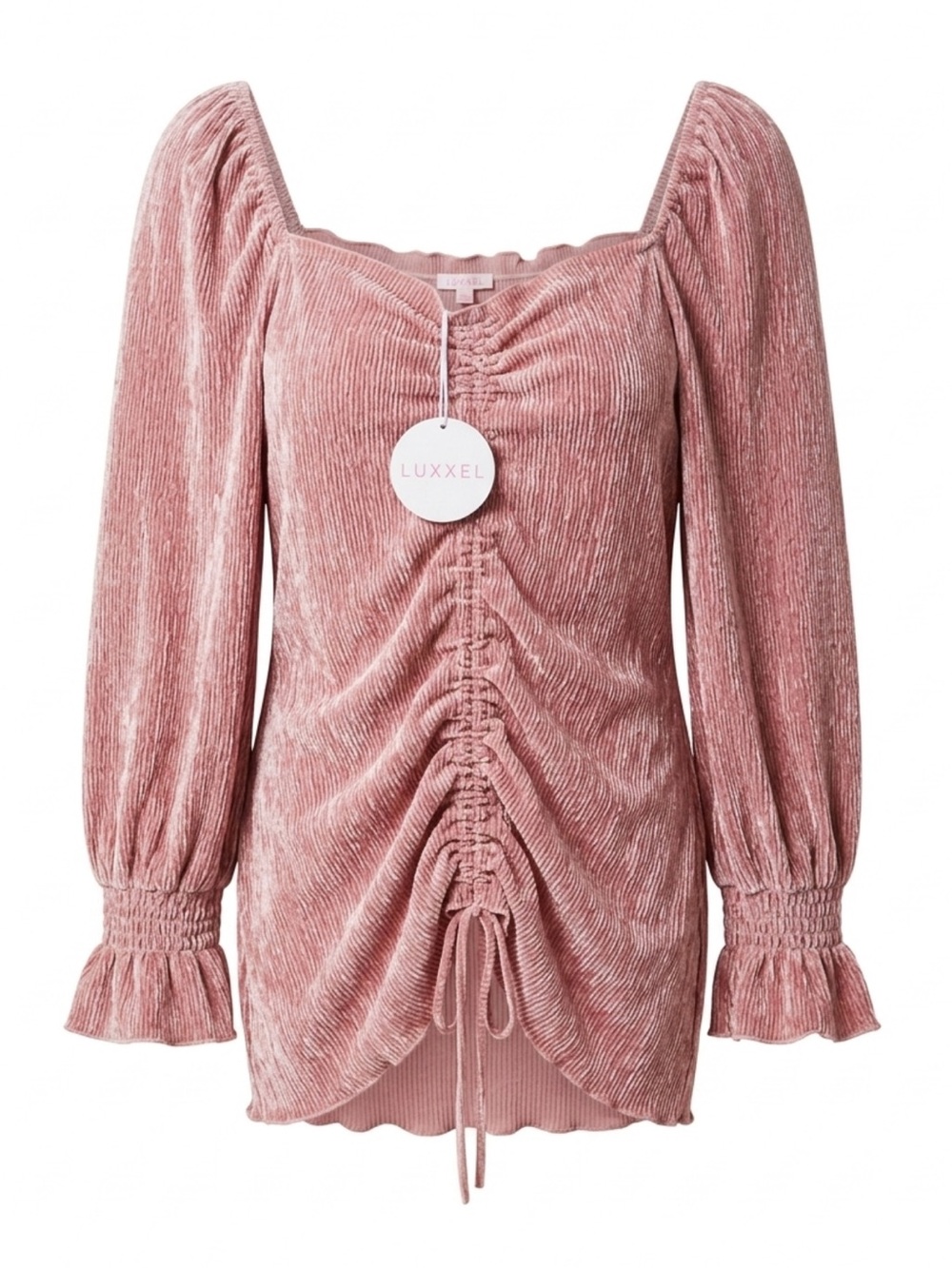 Luxxel Rose-Pink Velvet Square-Neck Long-Sleeve Mini Dress